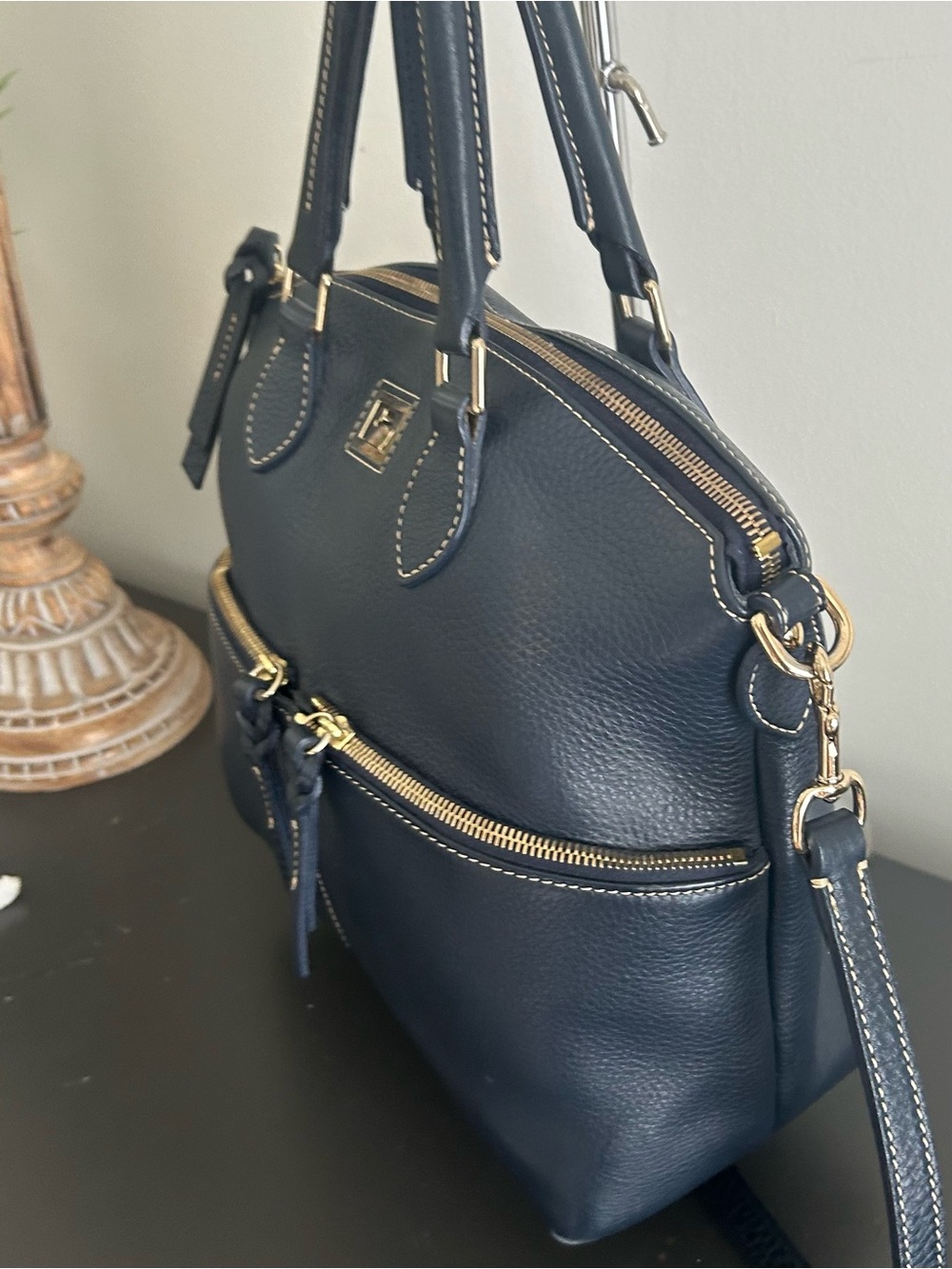 Dooney & Bourke Navy Pebble Leather Satchel Crossbody Bag Gold Hardware - Picture 4 of 14